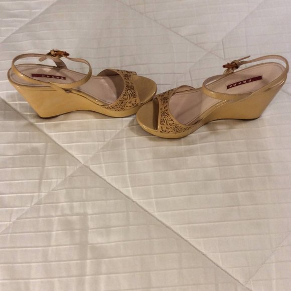 Prada Cutout Patent Leather Wedge Sandals - Picture 4 of 10